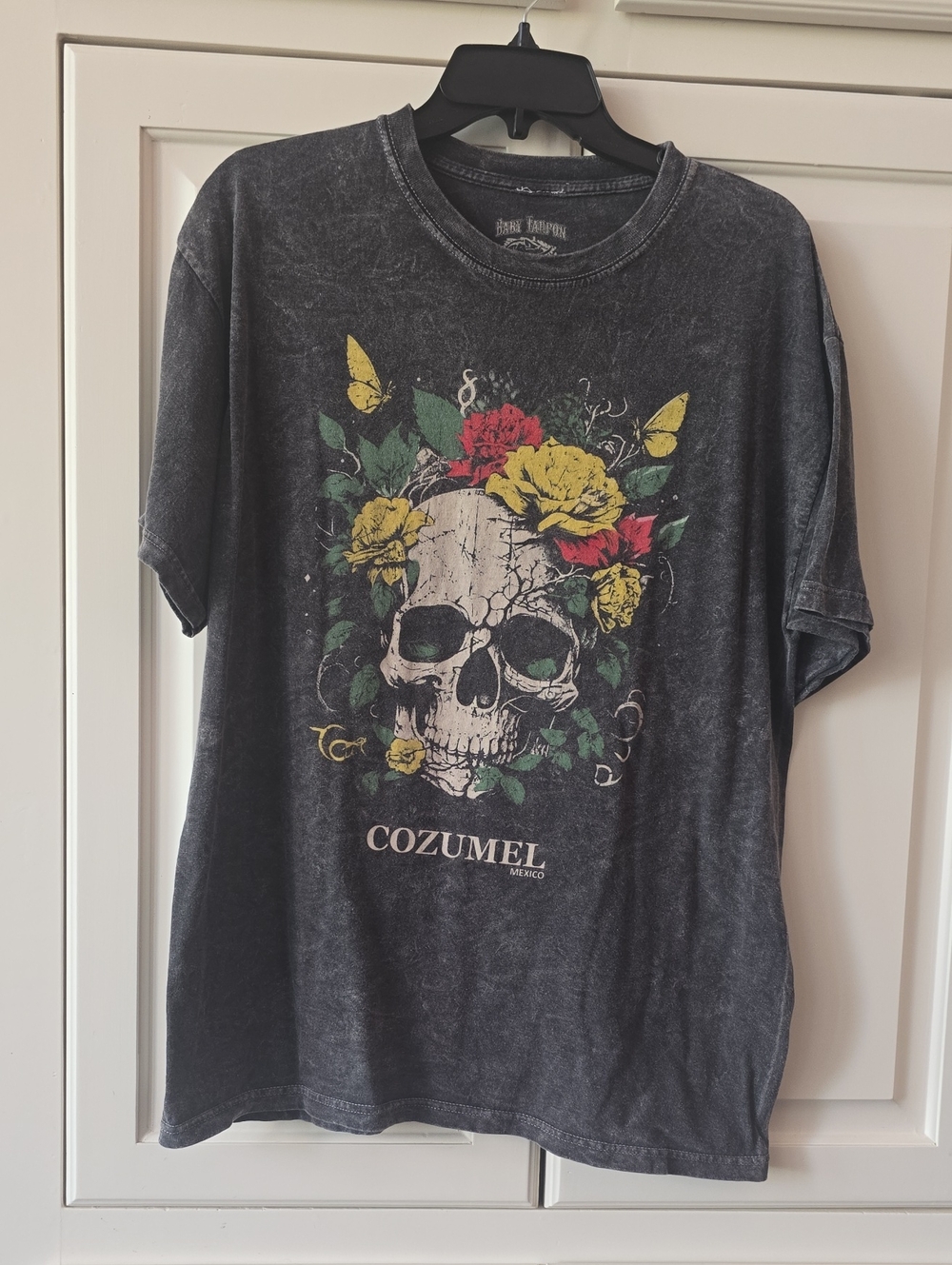 Skull Floral Graphic Tee - Black with Yellow and Red Accents